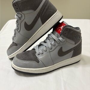 Jordan Kids' High-Top Sneakers in Gray and Brown with Red Tongue